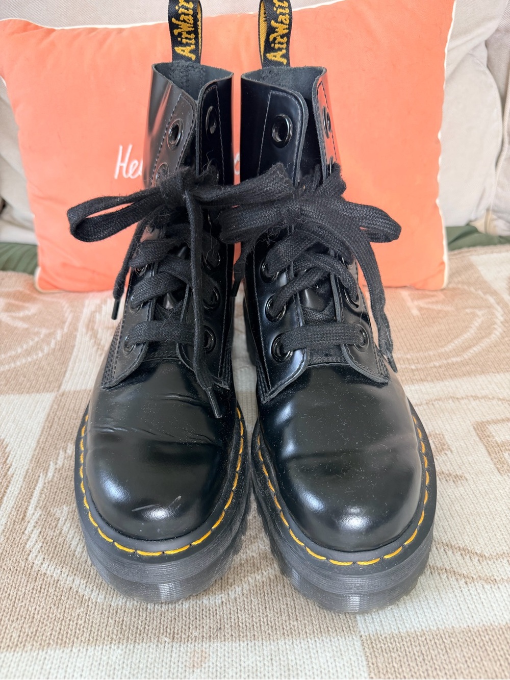 Dr. Martens Black Leather Combat Boots with Yellow Stitching